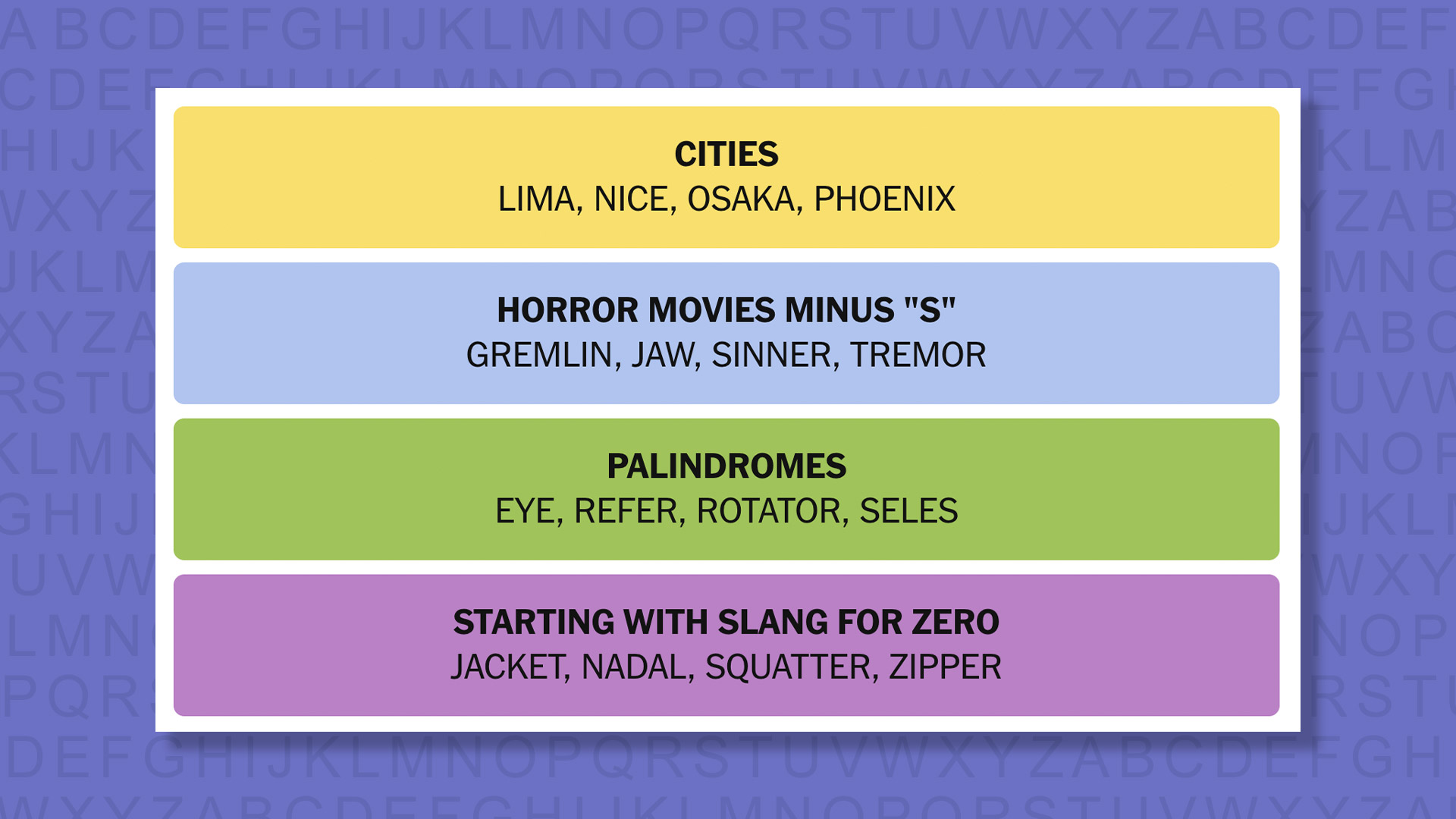 NYT Connections answers for game 1001 on a purple background