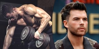 one half of the photo is a man performing a dumbbell row on a bench and the other half shows Luke Newton on a red carpet