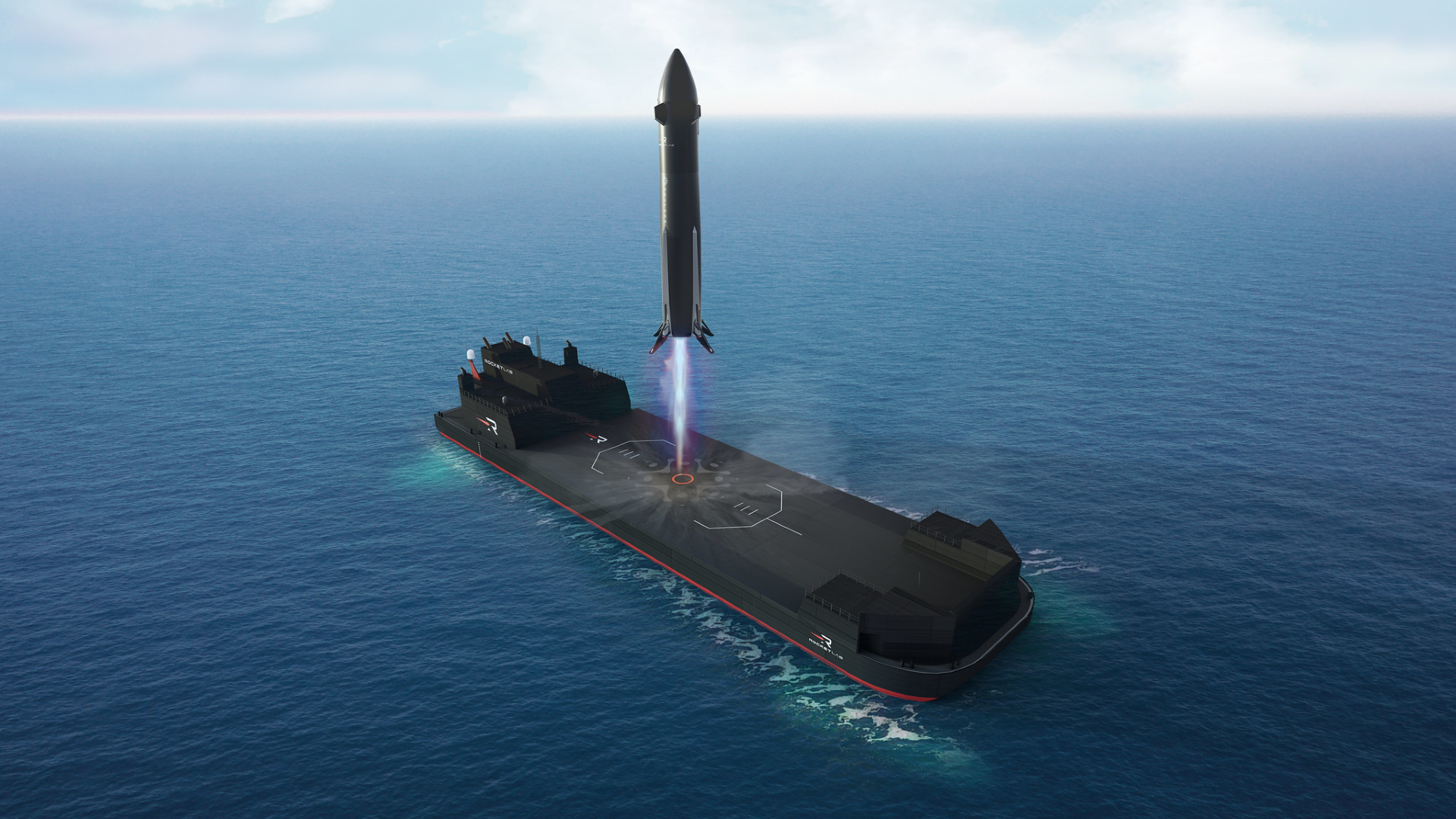 An illustration of a rocket launching from a horizontal ship floating in dark blue water