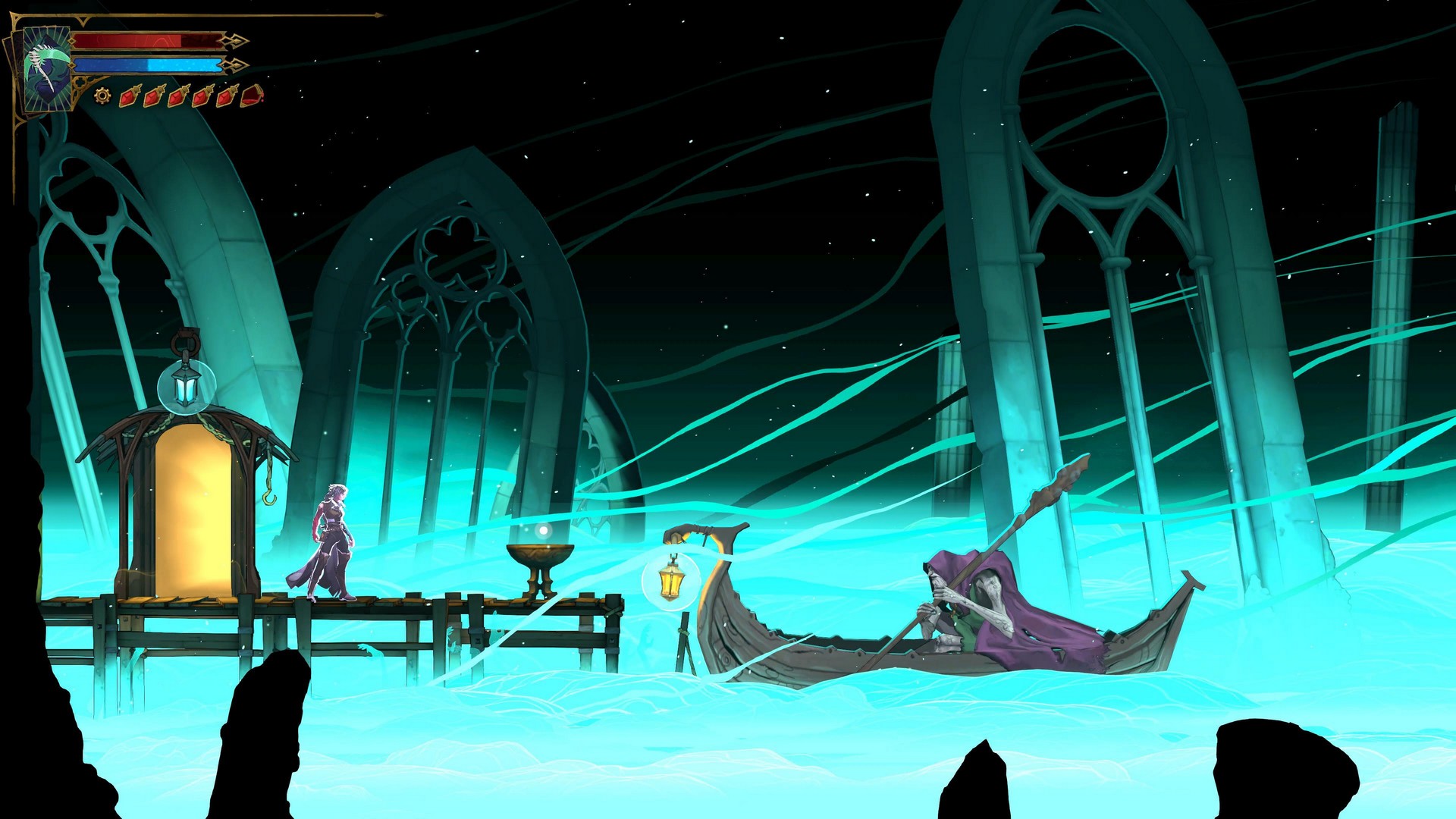 Approaching Death in his boat on the River Styx in Castlevania: Belmont's Curse