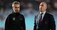  Jorge Vilda, Head Coach of Spain, talks with Luis Rubiales, President of the Royal Spanish Football Federation prior to the FIFA Women's World Cup Australia & New Zealand 2023 Final match between Spain and England at Stadium Australia on August 20, 2023 in Sydney / Gadigal, Australia.