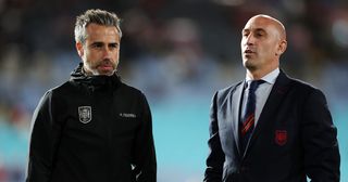 Jorge Vilda, Head Coach of Spain women's team, talks with Luis Rubiales, President of the Royal Spanish Football Federation prior to the FIFA Women's World Cup Australia & New Zealand 2023 Final match between Spain and England at Stadium Australia on August 20, 2023 in Sydney / Gadigal, Australia.