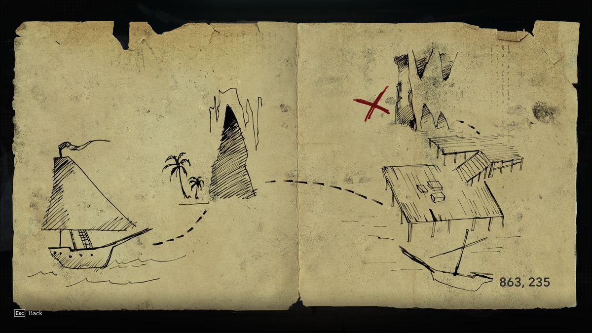 Black Flag treasure maps: A hand-drawn map leading to buried treasure.