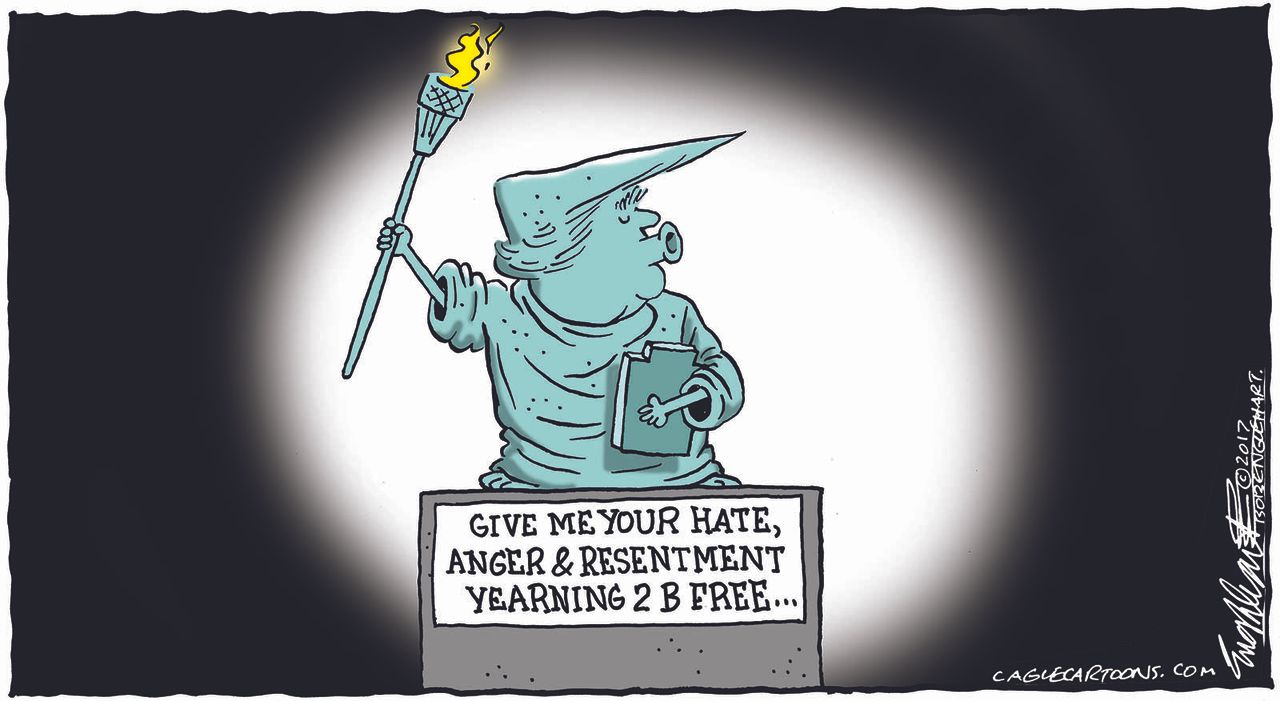 Political cartoon U.S. Trump Statue of Liberty immigration hate