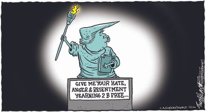 Political cartoon U.S. Trump Statue of Liberty immigration hate