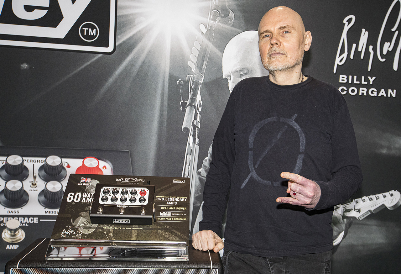 Billy Corgan of Smashing Pumpkins poses with the new Laney Supergrace amplifier at the Laney Amplification booth on Day 1 of 2026 NAMM Show at Anaheim Convention Center on January 22, 2026 in Anaheim, California.