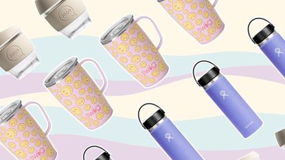 Repeating coffee mugs on pastel background