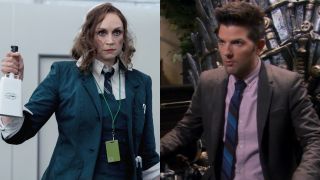 From left to right: Gwendoline Christie in Severance holding up a cowbell with her left hand and Adam Scott sitting on the Iron Throne looking shocked in Parks and Rec.