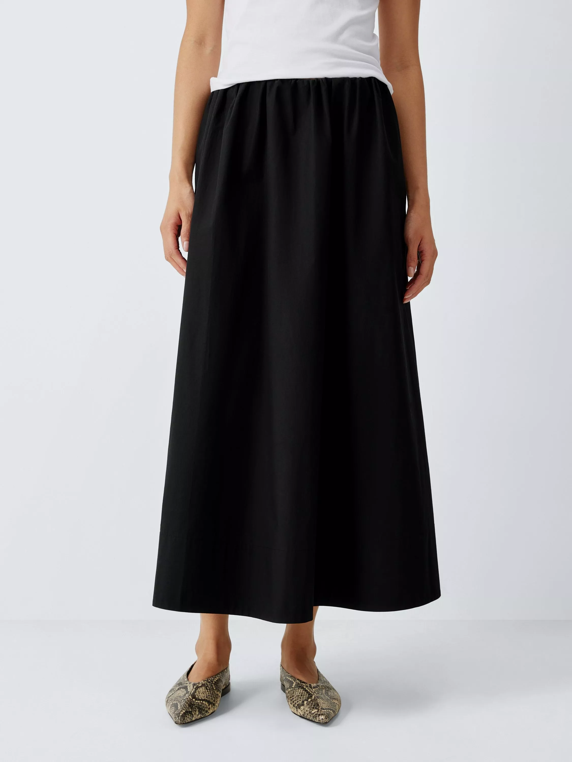 John Lewis Plain Pleated Cotton Poplin Maxi Skirt, Black