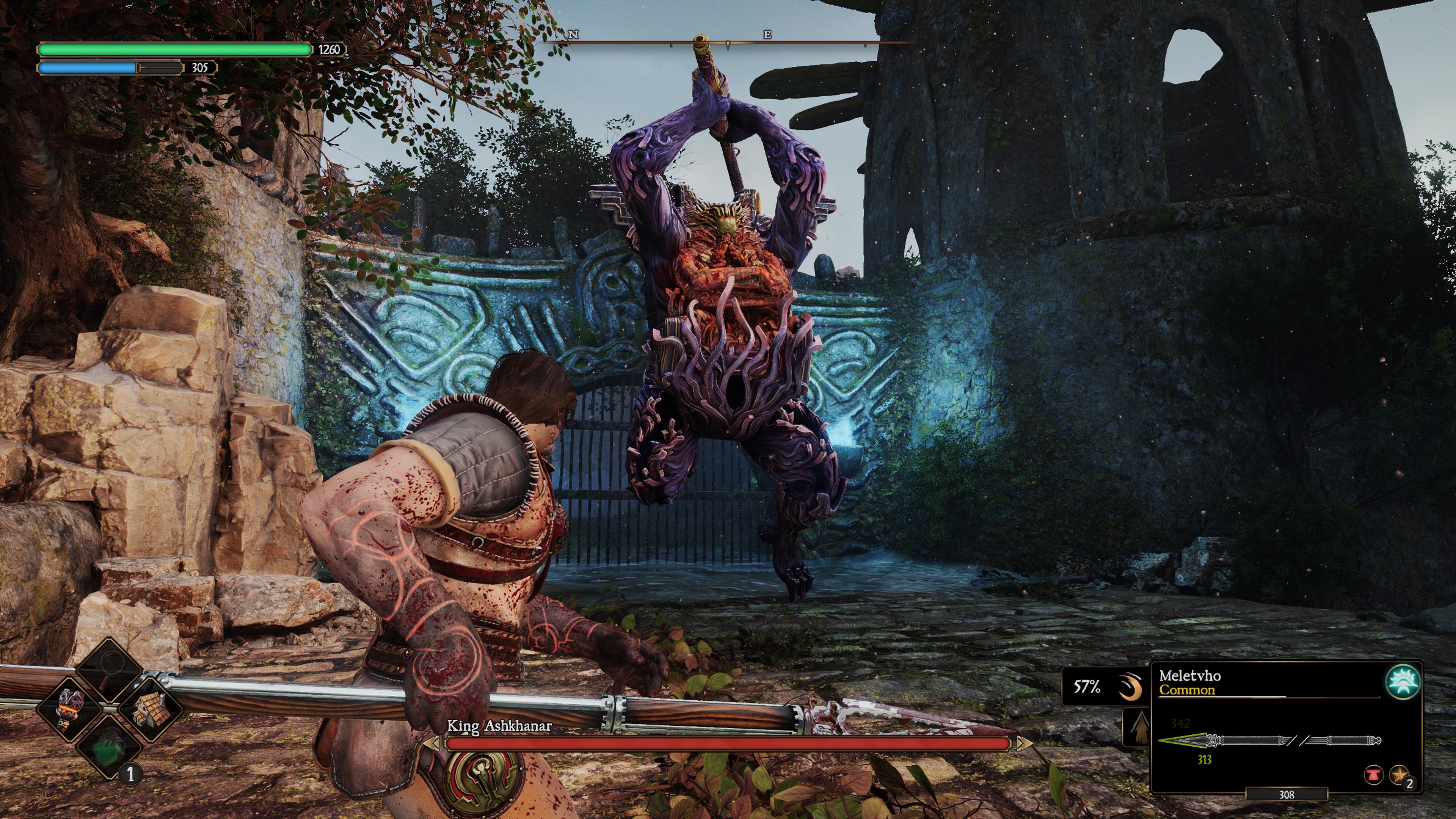 The overgrown and mossy boss King Ashkhanar jumps at Aran in Blades of Fire