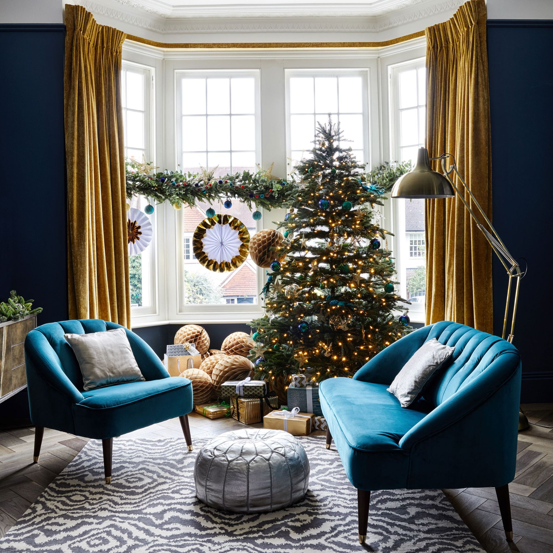 navy living room with yellow accents