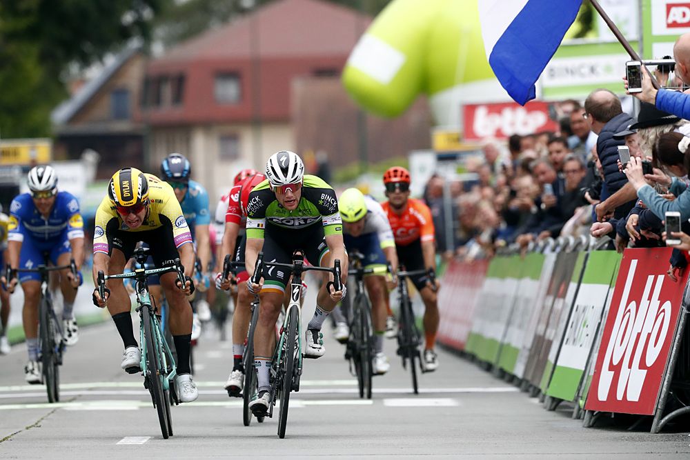 Sam Bennett (Bora-Hansgrohe) wins stage 3 at BinckBank Tour in a photo-finish sprint against Dylan Groenewegen (Jumbo-Visma)