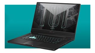Asus TUF Dash F15 gaming laptop on a blue background