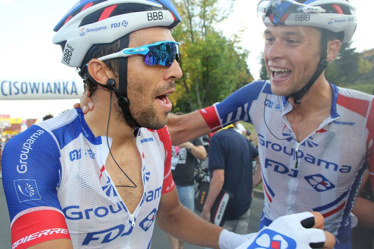 Thibaut Pinot and Georg Preidler celebrate the win