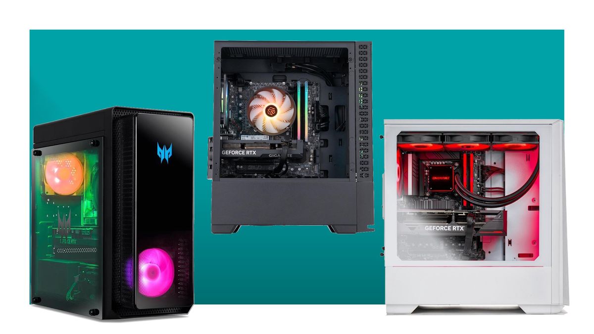 Three gaming PCs on a blue background