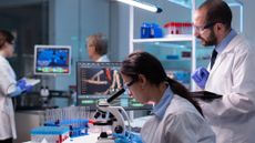 Team of medical research scientists using microscope in equipped laboratory. Doctor and chemists working at disease diagnosis and/or treatment.