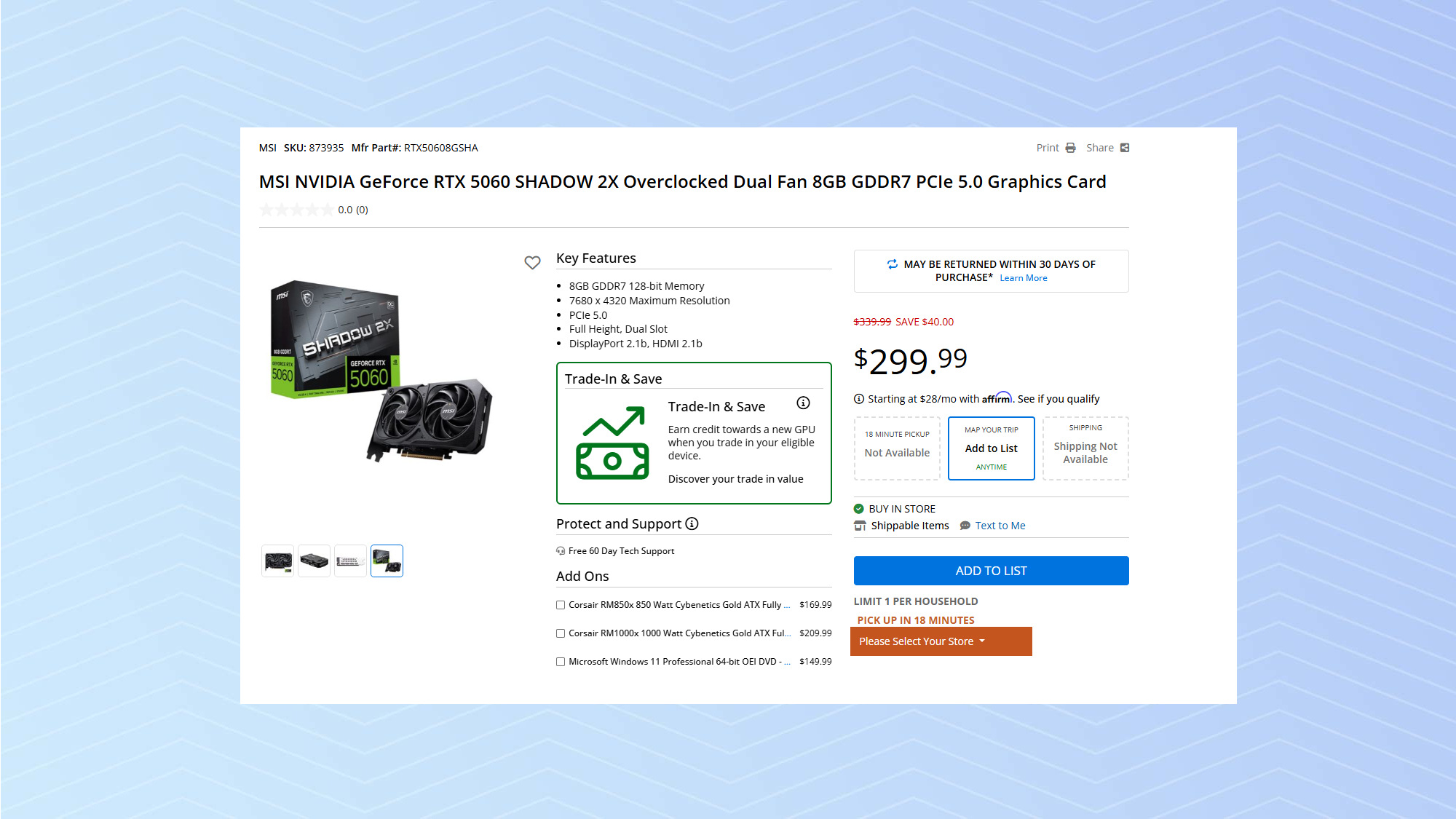 RTX 5060 listing at Micro Center
