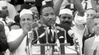 Martin Luther King Jr. giving his "I Have a Dream" speech at the Lincoln Memorial in I Am MLK Jr.