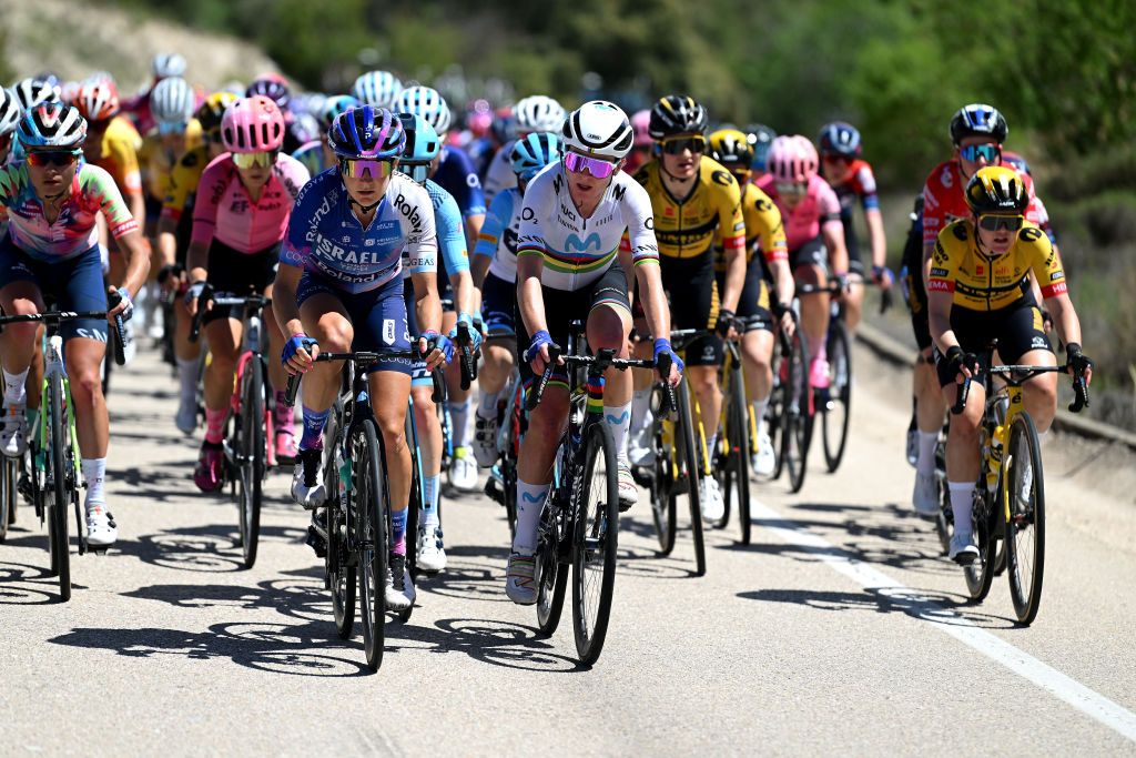 GUADALAJARA SPAIN MAY 04 LR Tamara Dronova of Russia and Team IsraelPremier Tech Roland and Annemiek Van Vleuten of The Netherlands and Movistar Team compete during the 9th La Vuelta Femenina 2023 Stage 4 a 1331km stage from Cuenca to Guadalajara UCIWWT on May 04 2023 in Guadalajara Spain Photo by Dario BelingheriGetty Images