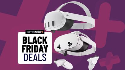 A Meta Quest 3 and 3S on a fuchsia background with a Black Friday deals stamp next to them
