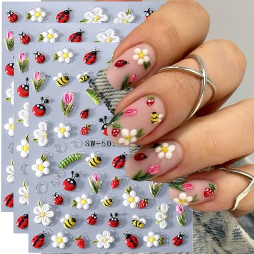 5d Ladybug Flower Nail Art Stickers 5d Embossed Summer Nail Decals 3pcs Tulip Flower Bee Strawberry Insect Self-Adhesive Design Spring Summer Nail Art Decorations Supplies Manicure Sliders for Women