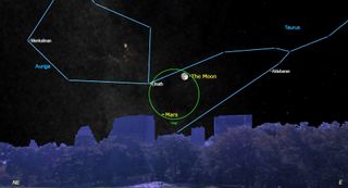 An illustration of the night sky on Nov. 11 showing the moon and Mars making a close approach to one another.