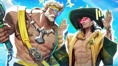 Marvel Rivals trailer screenshot shows Thor and Loki in their swimsuit outfits.