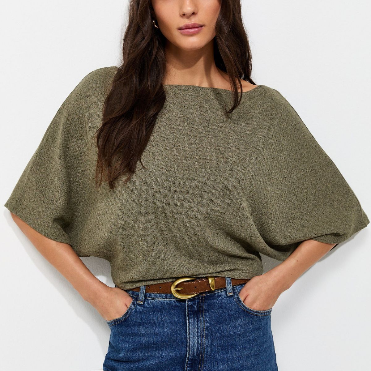 New Look, Light Khaki Slash Neck Textured Batwing Top