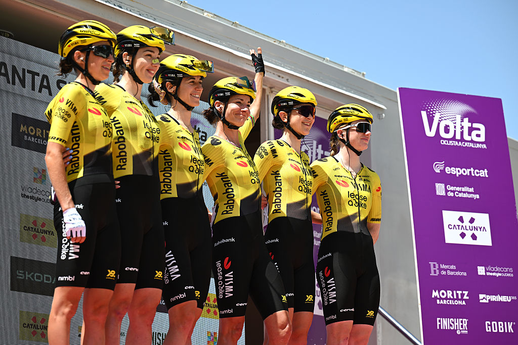 SANTA SUSANA, SPAIN - JUNE 19: A general view of Marianne Vos of Netherlands, Marion Bunel of France, Nienke Veenhoven of Netherlands, Margaux Vigie of France, Maud Oudeman of Netherlands, Martina Fidanza of Italy and Team Visma | Lease a Bike prior to the 5th Volta Ciclista a Catalunya Femenina 2026 - Stage 1 a 91.9km stage from Santa Susanna to Santa Susanna on June 19, 2026 in Santa Susanna, Spain. (Photo by Szymon Gruchalski/Getty Images)