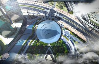 This illustration shows a potential overhead view of a Hyperloop station.