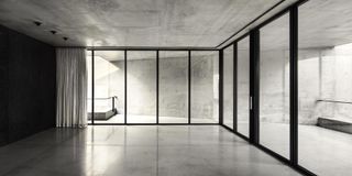 Concrete ceiling with floor to ceiling windows