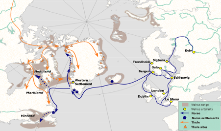 Um mapa que mostra partes da Europa, Groenlândia e Canadá. Vemos linhas de viagem provavelmente tomadas pelos nórdicos e inuit de Thule, com ambos os grupos possivelmente sobrepostos no norte da Groenlândia.