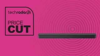 Sony HT-SF150 on magenta background with the words 'TechRadar: price cut' positioned to the left of the soundbar