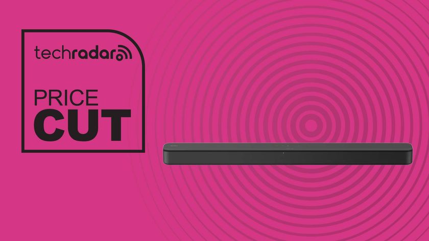 Sony HT-SF150 on magenta background with the words &#039;TechRadar: price cut&#039; positioned to the left of the soundbar