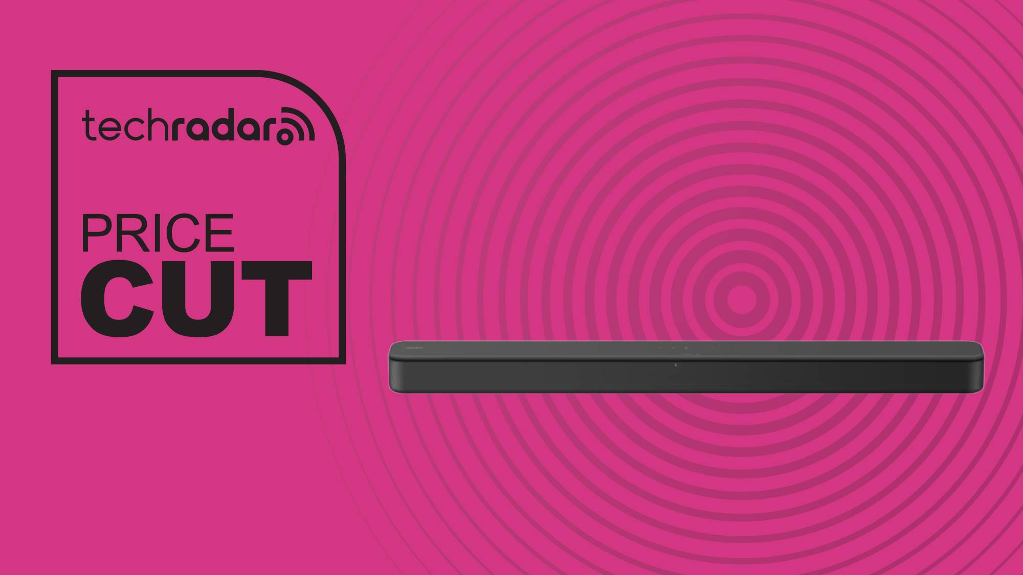 Sony HT-SF150 on magenta background with the words 'TechRadar: price cut' positioned to the left of the soundbar