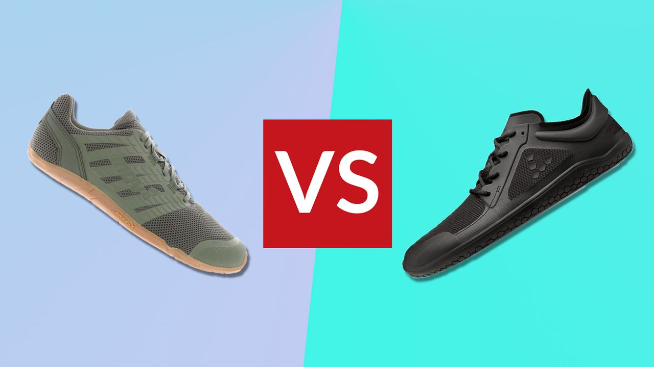 Inov-8 BARE-XF 210 V3 vs Vivobarefoot Primus Lite III: Pictured here, Inov-8 BARE-XF 210 V3 on blue background (left) and Vivobarefoot Primus Lite III on turquoise bacground (right)