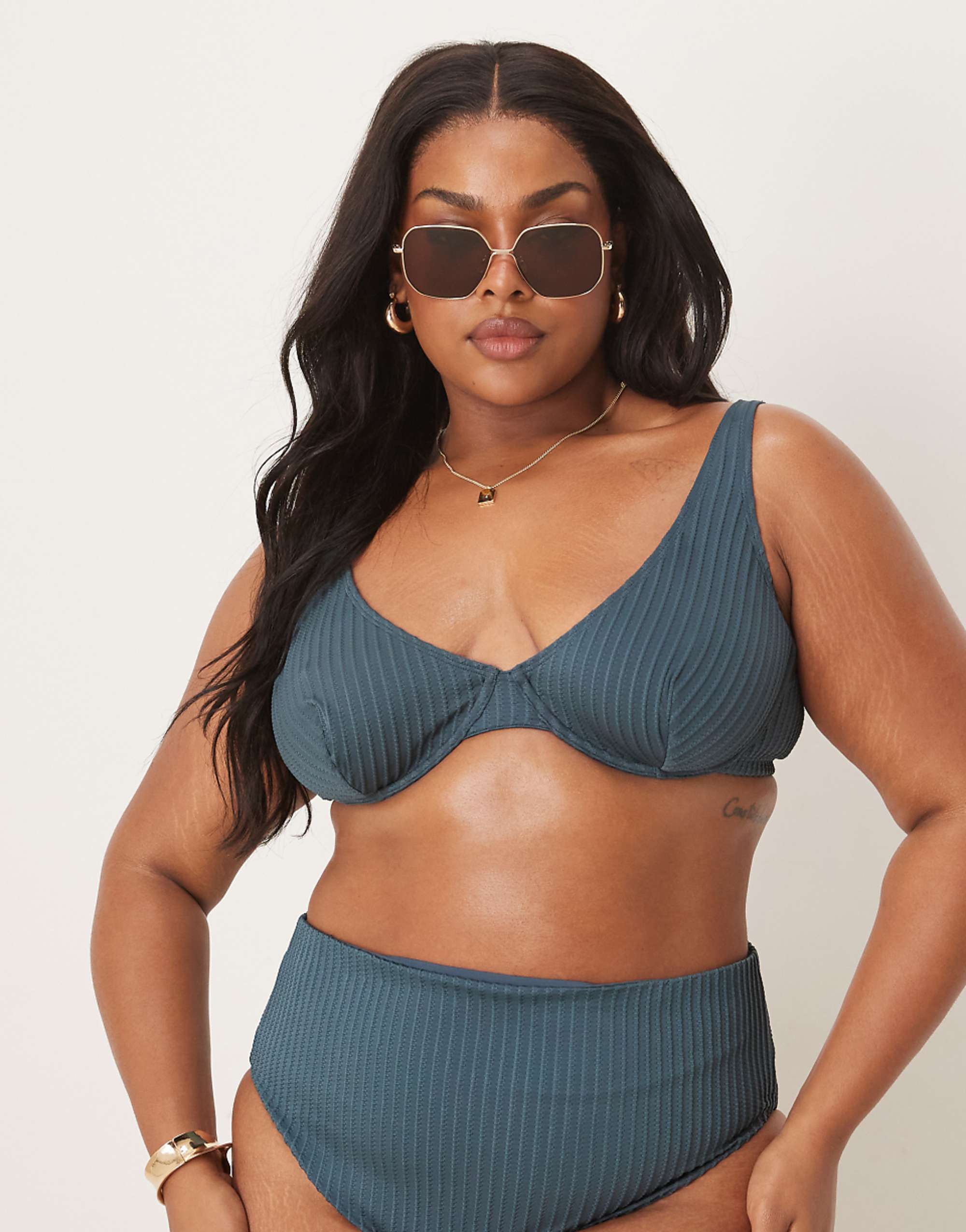 Asos Design Curve Riddy Ribbed Underwire Bikini Top in Slate Blue