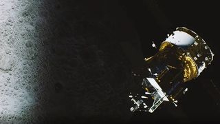 a gold tinted spacecraft hovers in shadow above a relatively smooth lunar surface below.