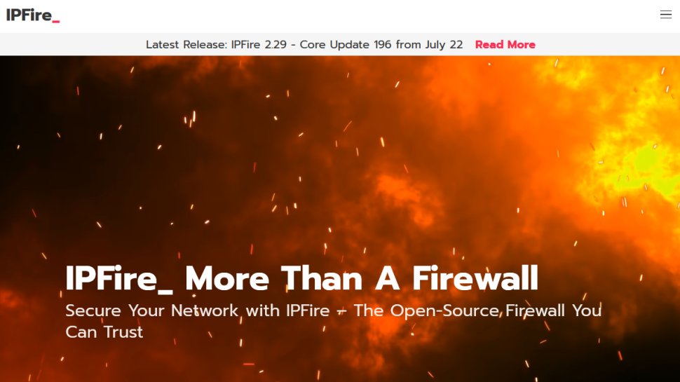 IPFire website screenshot (August 2025).