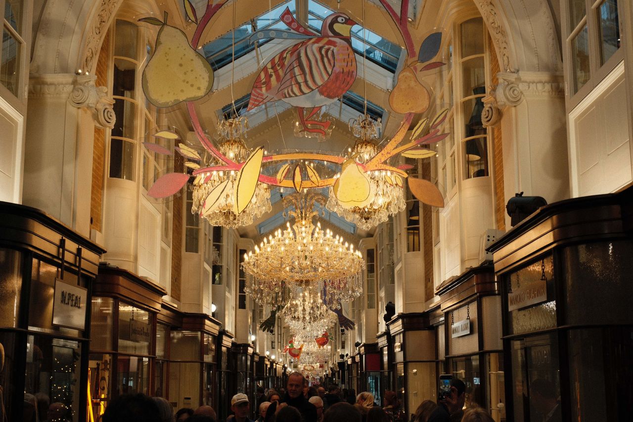 Interior of a shopping arcade decorated for Christmas