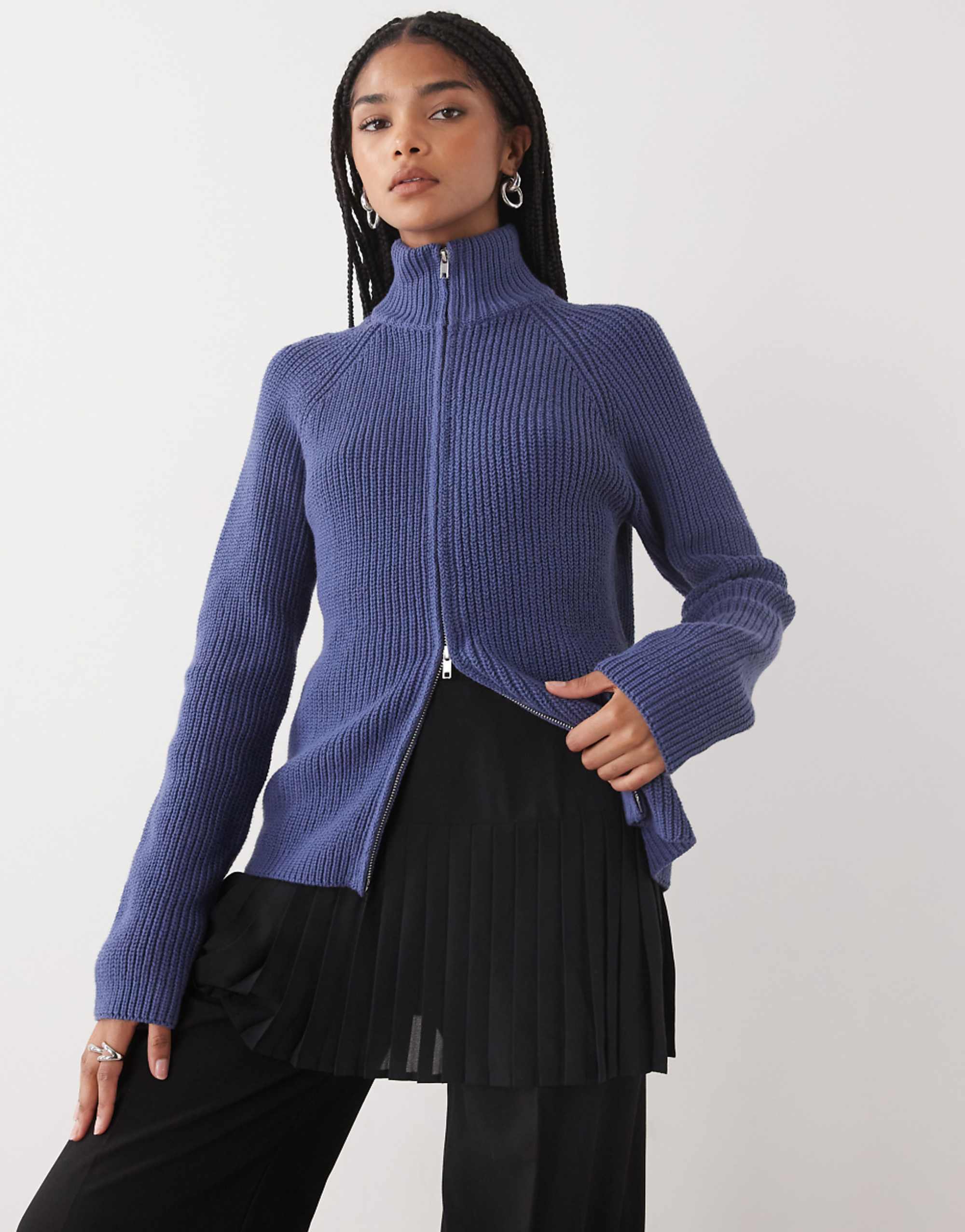 Monki Rib Knit Two Way Zip Cardigan in Petrol Blue