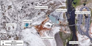 aerial map showing where the explosion happened in Biscuit Basin, Yellowstone National Park