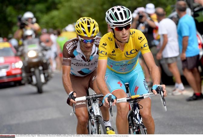 Vincenzo Nibali (Astana) and Jean-Christophe Peraud climb together during stage 17.