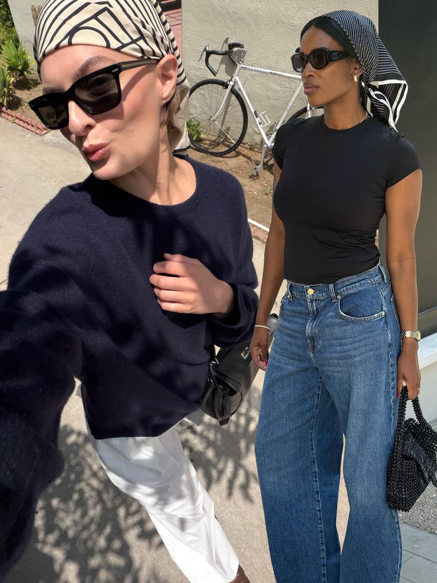 fashion collage with two style influencer Christie Tyler and Marilyn Nwawulor-Kazemaks poses in striped head scarves a 2026 accessory trend