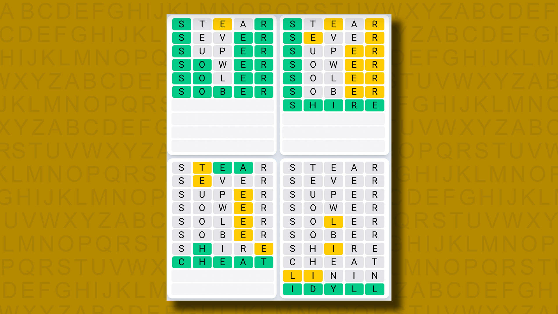 Quordle Daily Sequence answers for game 1221 on a yellow background