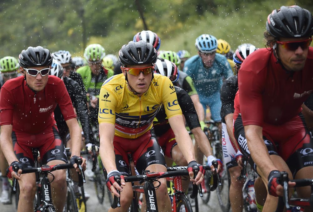 Rohan Dennis in the yellow jersey during stage 4.