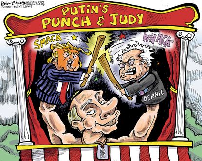 Political Cartoon U.S. Trump Bernie Sanders Vladimir Putin puppets interference 2020 presidential election
