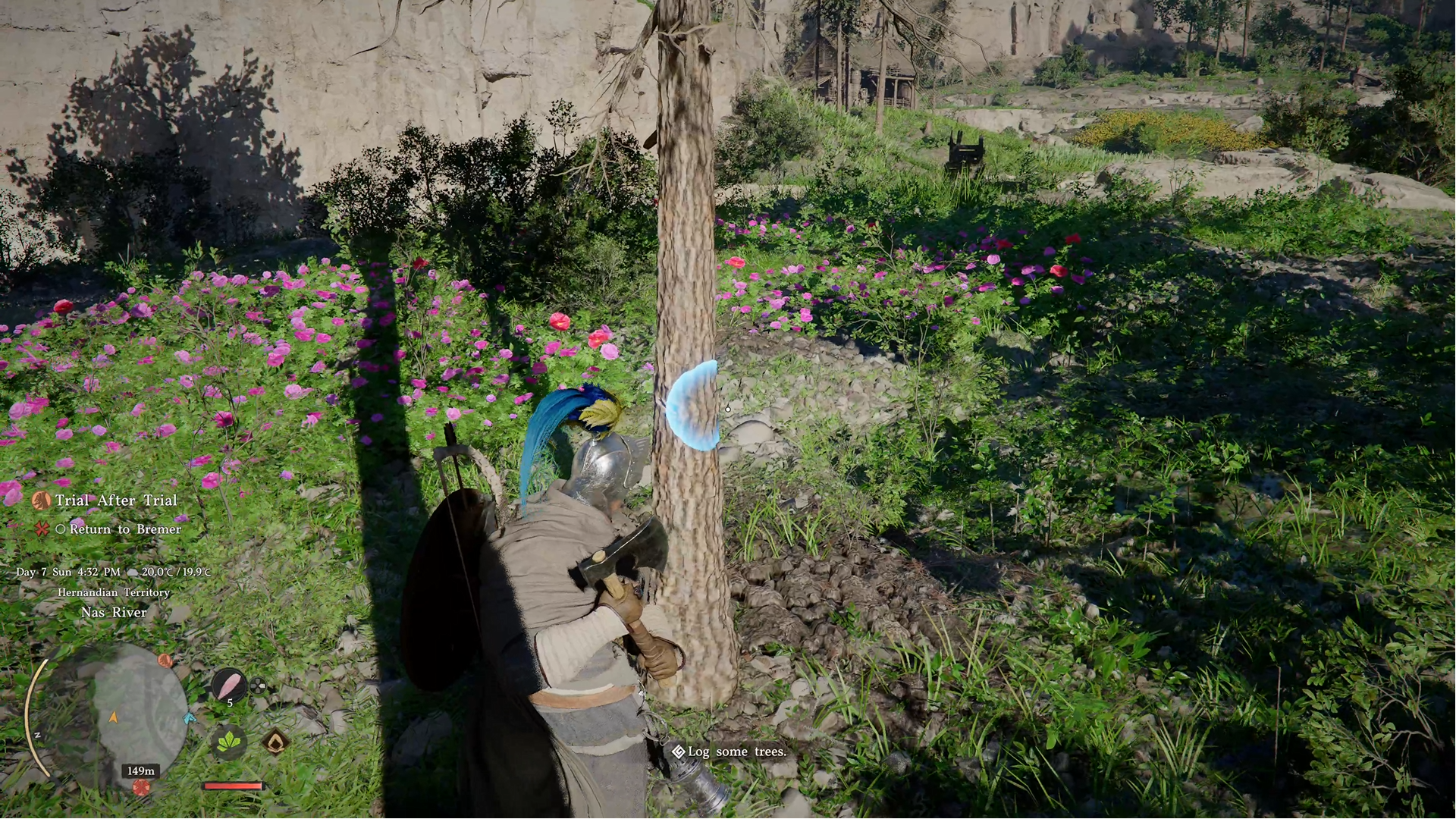 Screenshots of Crimson Desert from a preview event, displaying Kliff cooking, leaping off a sky island, and chopping down a tree.