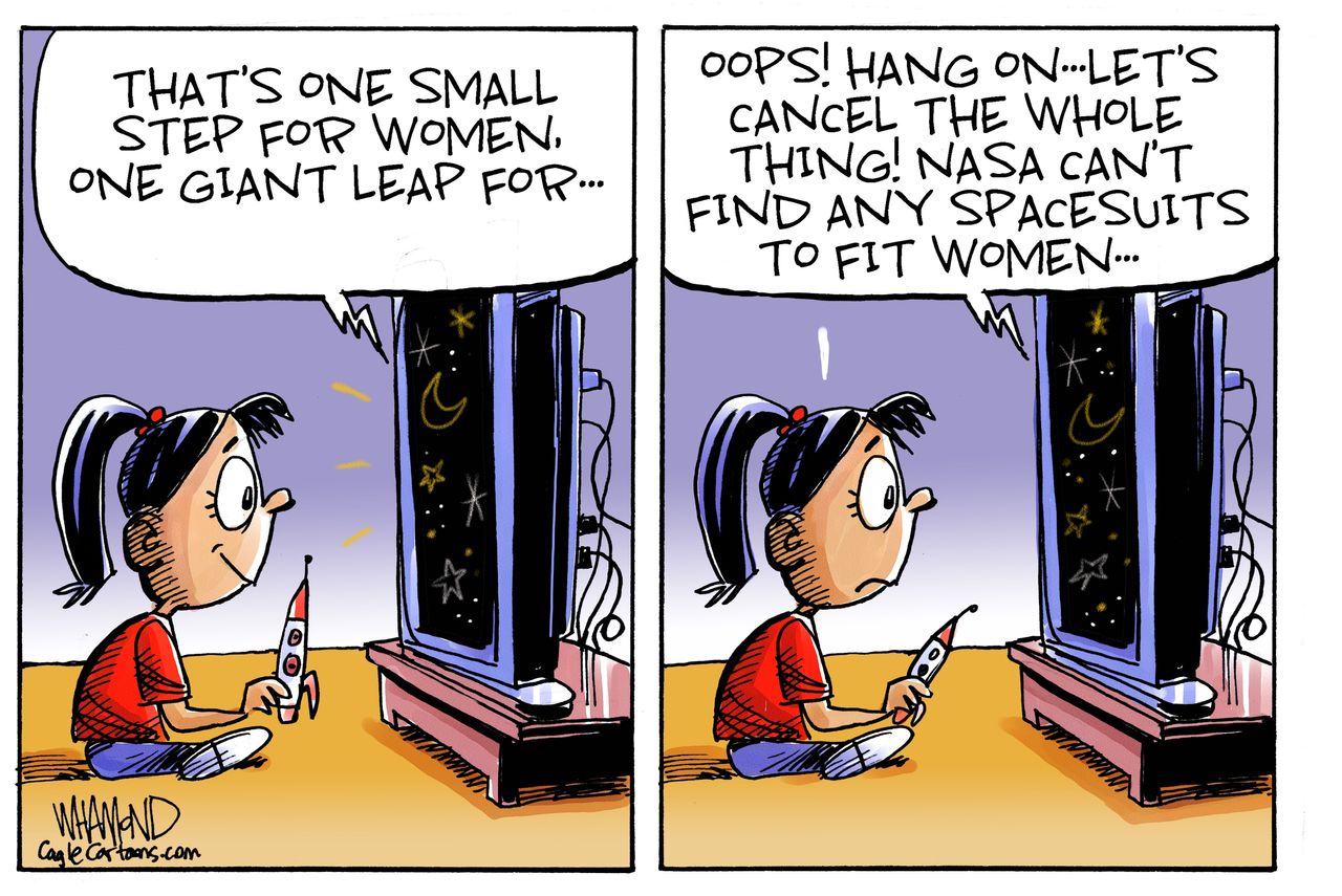 Editorial Cartoon U.S. NASA spacesuits female spacewalk canceled Anne McClain Christina Koch