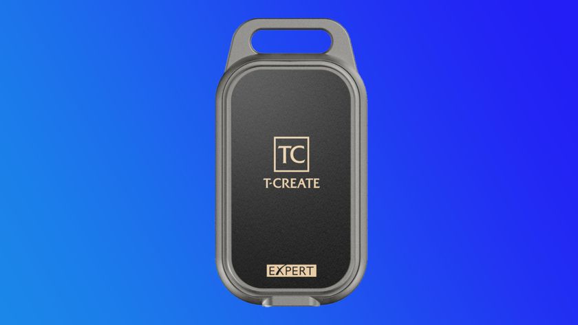 A Team Group T-Create Expert P34F Find My External SSD on a blue gradient background
